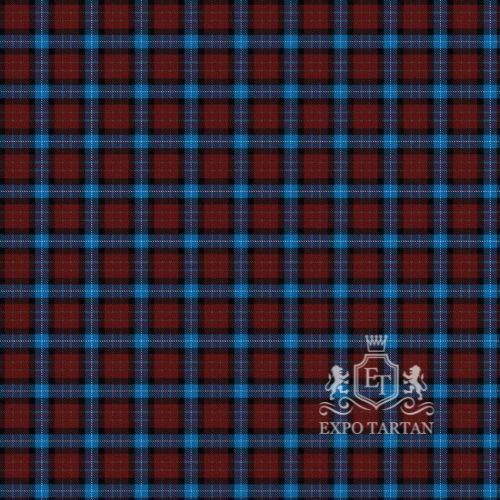 Men's Dunfermline Swatch showing a deep maroon red and vibrant blue sett, intricately intersected by black bands and crisp white overcheck