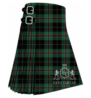 Men's Durham Highlands Tartan Kilt showing traditional knife pleats and black leather side straps in a rich forest green and deep black sett, intricately intersected by crisp white, crimson red, and golden-yellow overcheck
