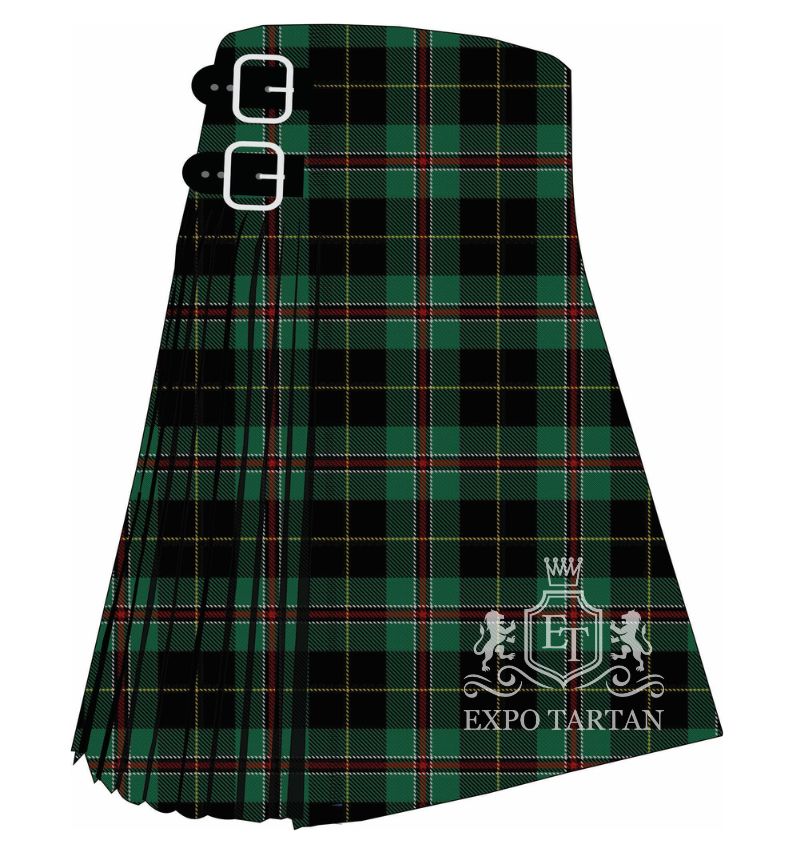 Men's Durham Highlands Tartan Kilt showing traditional knife pleats and black leather side straps in a rich forest green and deep black sett, intricately intersected by crisp white, crimson red, and golden-yellow overcheck