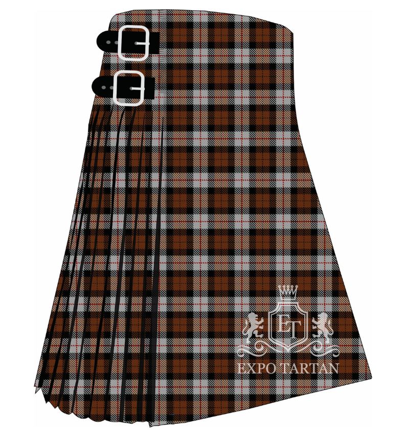 Men's Dutch Dress Tartan Kilt showing traditional knife pleats and black leather side straps in a warm rust-brown, deep black, and light grey sett, intricately intersected by subtle crimson red overcheck