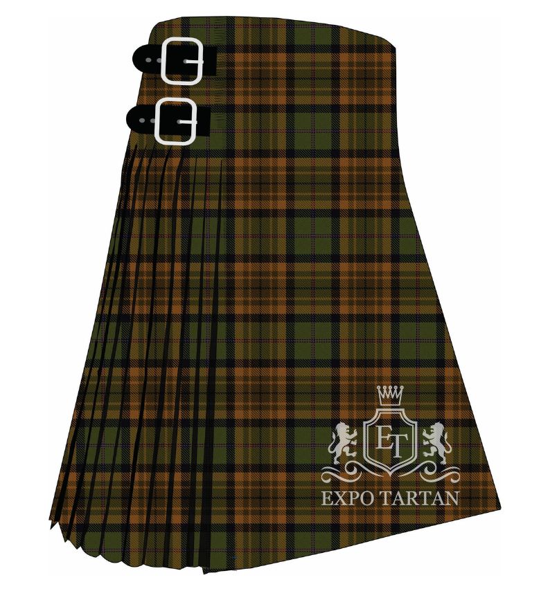 Men's Dutch Friendship Tartan Kilt showing traditional knife pleats and black leather side straps in a warm amber-brown, earthy olive green, and deep black sett, intricately intersected by subtle crimson red overcheck