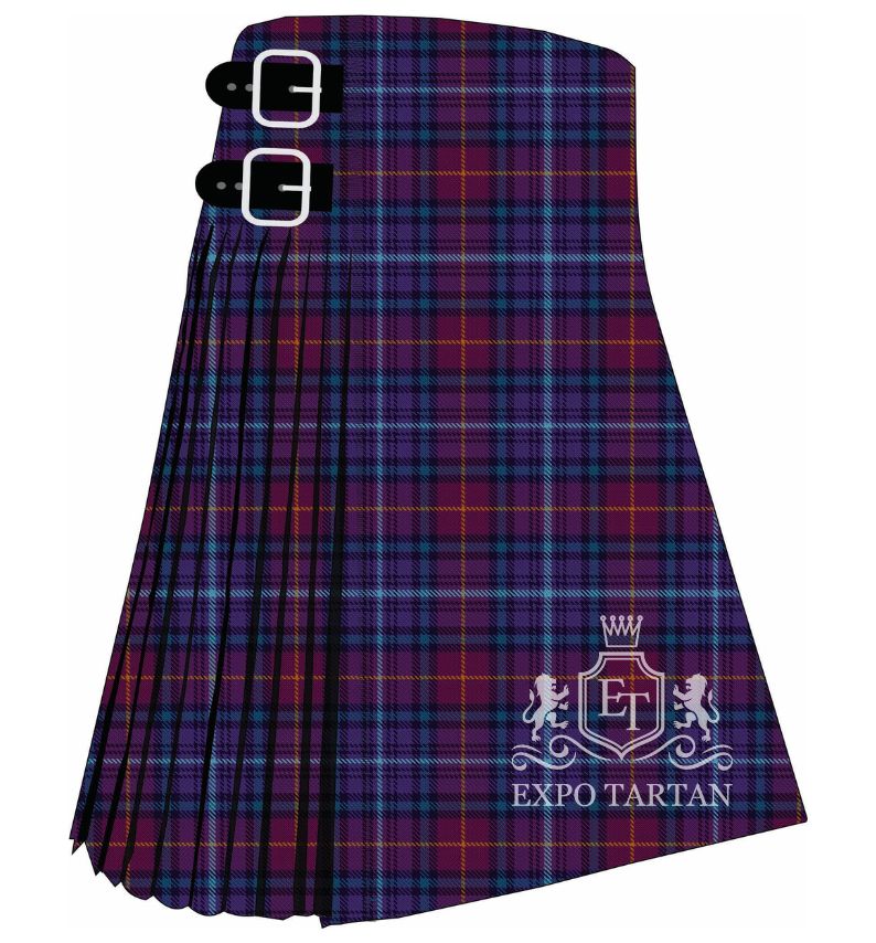 Men's Dyslexia Friendly Scotland Tartan Kilt showing traditional knife pleats and black leather side straps in a deep purple, burgundy, and dark teal-blue sett, intricately intersected by bright sky-blue and golden-yellow overcheck