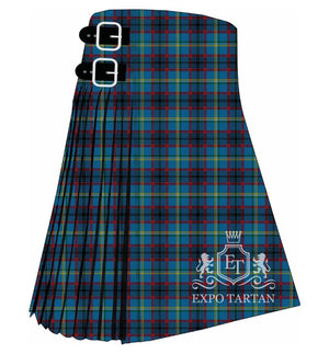 Men's EMS Memorial Tartan Kilt showing traditional knife pleats and black leather side straps in a vibrant royal blue and rich black sett, intricately intersected by crimson red, golden-yellow, and crisp white overcheck