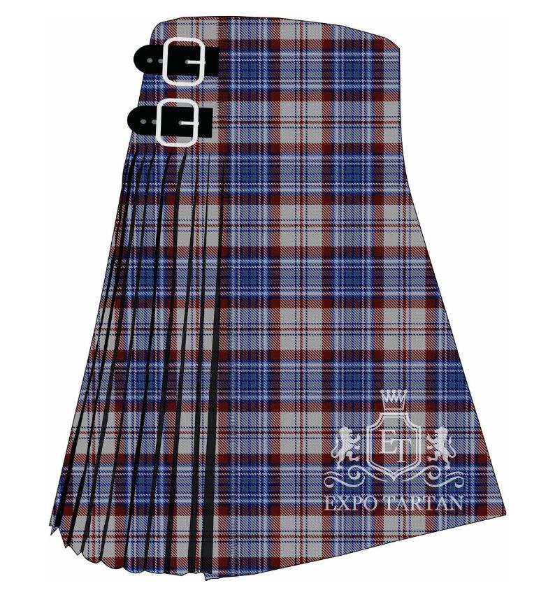 Men's Earl of Skye Dress Blue Tartan Kilt showing traditional knife pleats and black leather side straps in a royal blue, light grey, and deep maroon red sett, intricately intersected by crisp white and dark navy overcheck