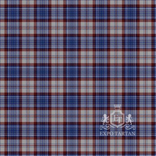 Men's Earl of Skye Dress Blue Swatch showing a royal blue, light grey, and deep maroon red sett, intricately intersected by crisp white and dark navy overcheck