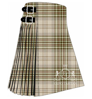 Men's Earl of Skye Tartan Kilt showing traditional knife pleats and black leather side straps in a light cream, stone grey, and earthy brown sett, intricately intersected by muted olive green overcheck