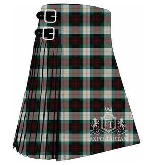 Men's Eastern Township Tartan Kilt showing traditional knife pleats and black leather side straps in a rich forest green, deep black, and light grey sett, intricately intersected by crimson red and golden-yellow overcheck