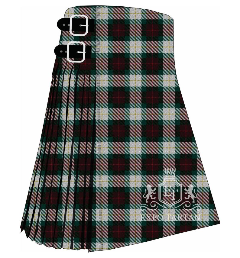 Men's Eastern Township Tartan Kilt showing traditional knife pleats and black leather side straps in a rich forest green, deep black, and light grey sett, intricately intersected by crimson red and golden-yellow overcheck