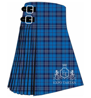 Men's Edinburgh 86 Tartan Kilt showing traditional knife pleats and black leather side straps in a vibrant royal blue and deep navy blue sett, intricately intersected by crisp white and subtle crimson red overcheck