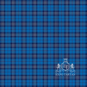 Men's Edinburgh 86 Swatch showing a vibrant royal blue and deep navy blue sett, intricately intersected by crisp white and subtle crimson red overcheck