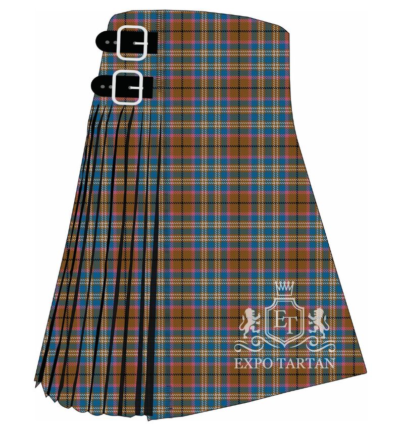 Men's Edinburgh 900 Tartan Kilt showing traditional knife pleats and black leather side straps in a warm amber-brown, vibrant teal-blue, and rose-pink sett, intricately intersected by golden-tan, white, and black overcheck