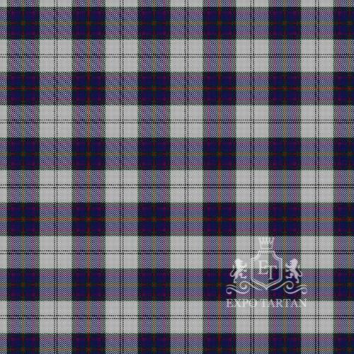 Men's Edinburgh Dress Swatch showing a light grey, deep navy blue, and rich purple sett, intricately intersected by crisp white and subtle red overcheck