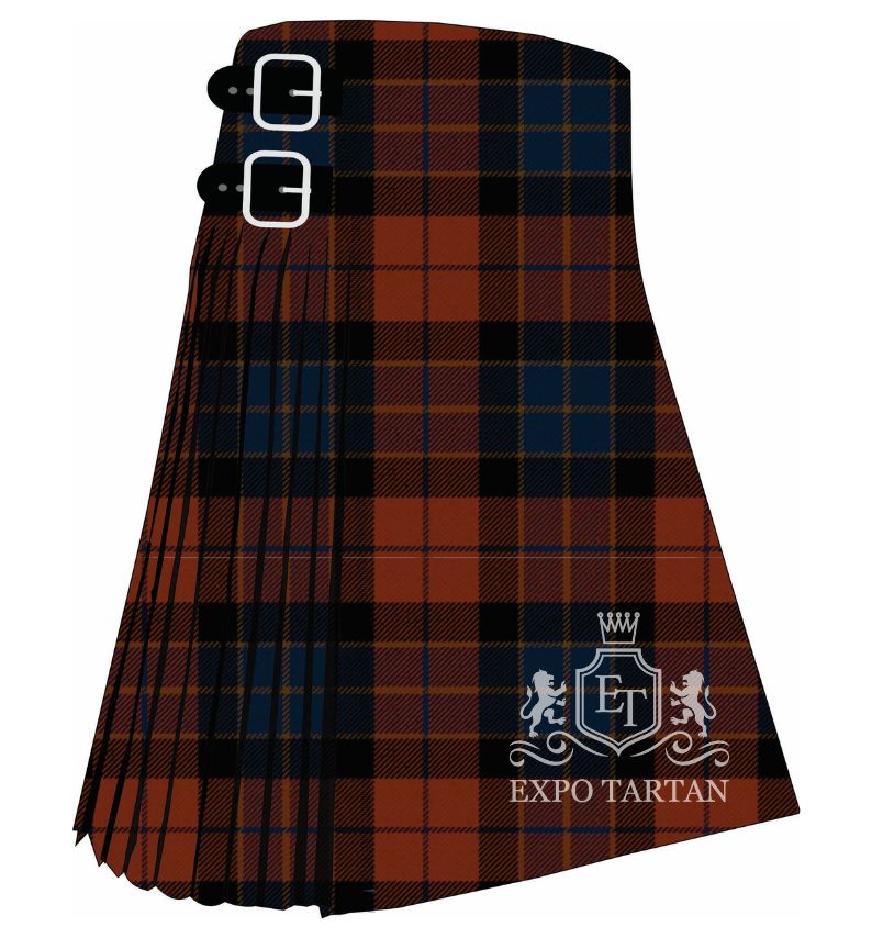 Men's Edinburgh EICC Tartan Kilt showing traditional knife pleats and black leather side straps in a warm rust-brown and deep navy blue sett, intricately intersected by rich black and subtle golden-tan overcheck   