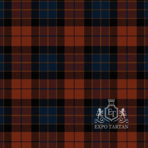 Men's Edinburgh EICC Swatch showing a warm rust-brown and deep navy blue sett, intricately intersected by rich black and subtle golden-tan overcheck   