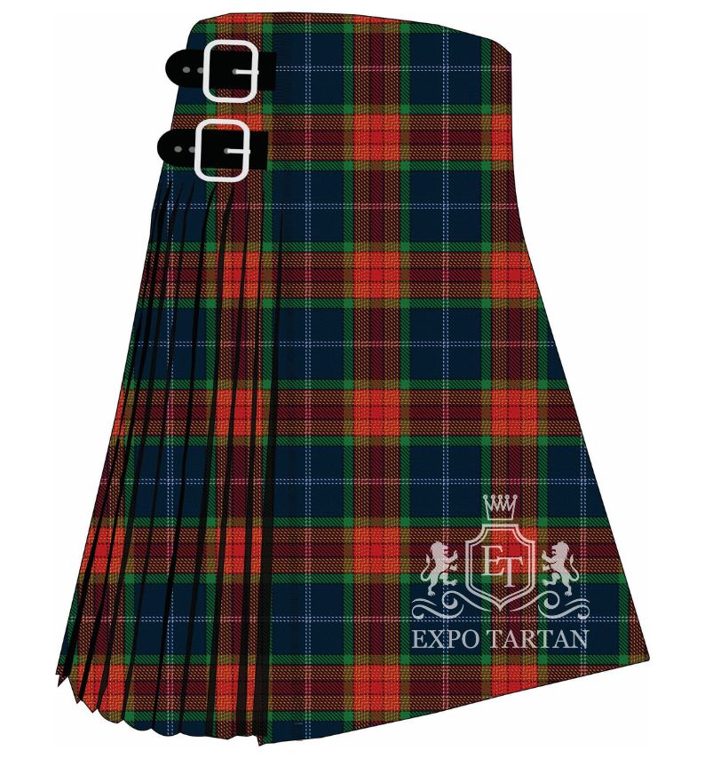 Men's Edinburgh Festival Fringe Tartan Kilt showing traditional knife pleats and black leather side straps in a vibrant red, deep navy blue, and rich forest green sett, intricately intersected by crisp white and fine yellow overcheck