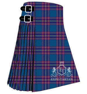 Men's Edinburgh Festival Tartan Kilt showing traditional knife pleats and black leather side straps in a vibrant turquoise-blue, rich purple, and magenta-pink sett, intricately intersected by crisp white and dark navy overcheck