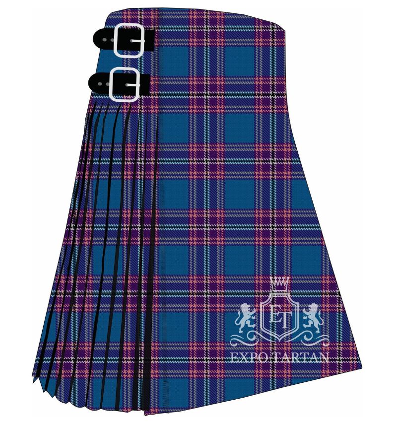 Men's Edinburgh Festival Tartan Kilt showing traditional knife pleats and black leather side straps in a vibrant turquoise-blue, rich purple, and magenta-pink sett, intricately intersected by crisp white and dark navy overcheck