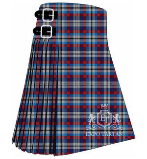 Men's Edinburgh Military Tattoo Dress Tartan Kilt showing traditional knife pleats and black leather side straps in a vibrant royal blue, deep crimson red, and light grey sett, intricately intersected by crisp white and dark navy overcheck