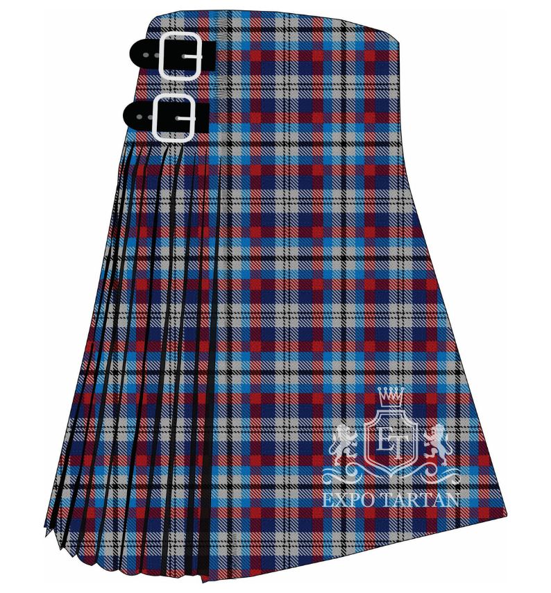 Men's Edinburgh Military Tattoo Dress Tartan Kilt showing traditional knife pleats and black leather side straps in a vibrant royal blue, deep crimson red, and light grey sett, intricately intersected by crisp white and dark navy overcheck