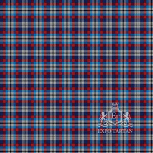 Men's Edinburgh Military Tattoo Dress Swatch showing a vibrant royal blue, deep crimson red, and light grey sett, intricately intersected by crisp white and dark navy overcheck