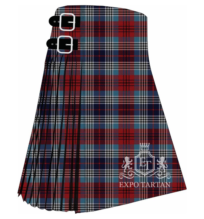 Men's Edinburgh Military Tattoo Tartan Kilt showing traditional knife pleats and black leather side straps in a vibrant crimson red, deep navy blue, and slate grey sett, intricately intersected by crisp white overcheck