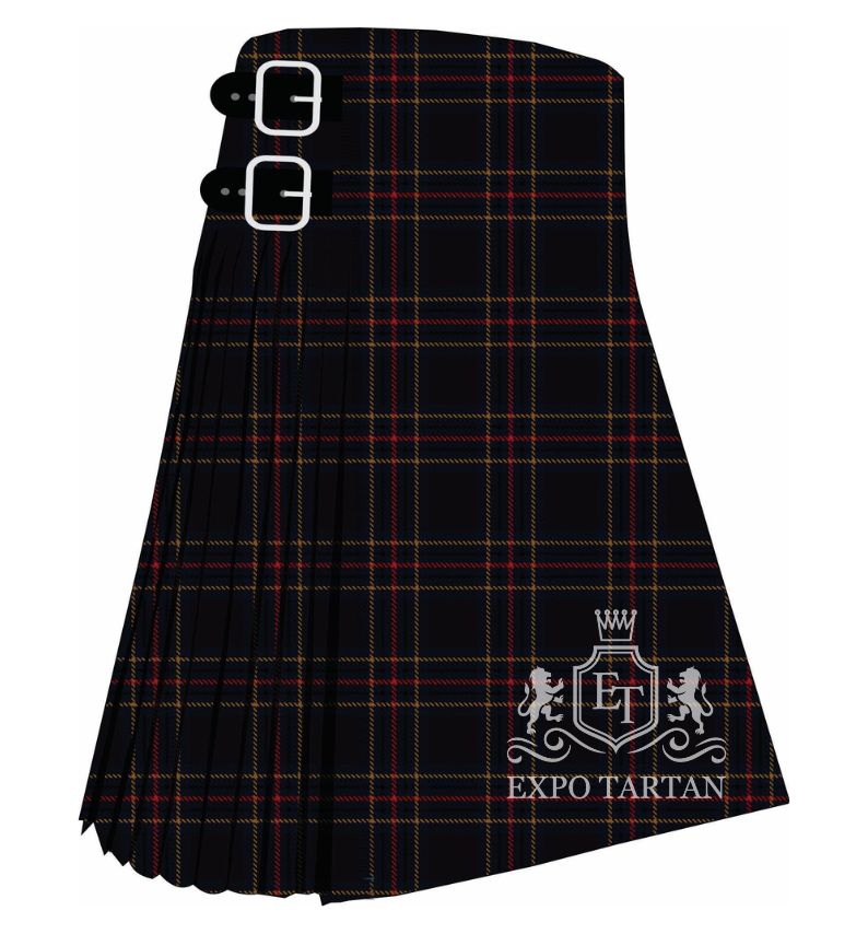 Men's Edinburgh and Lothian Tourist Board Tartan Kilt showing traditional knife pleats and black leather side straps in a deep black and dark navy blue sett, intricately intersected by crimson red and golden-yellow overcheck