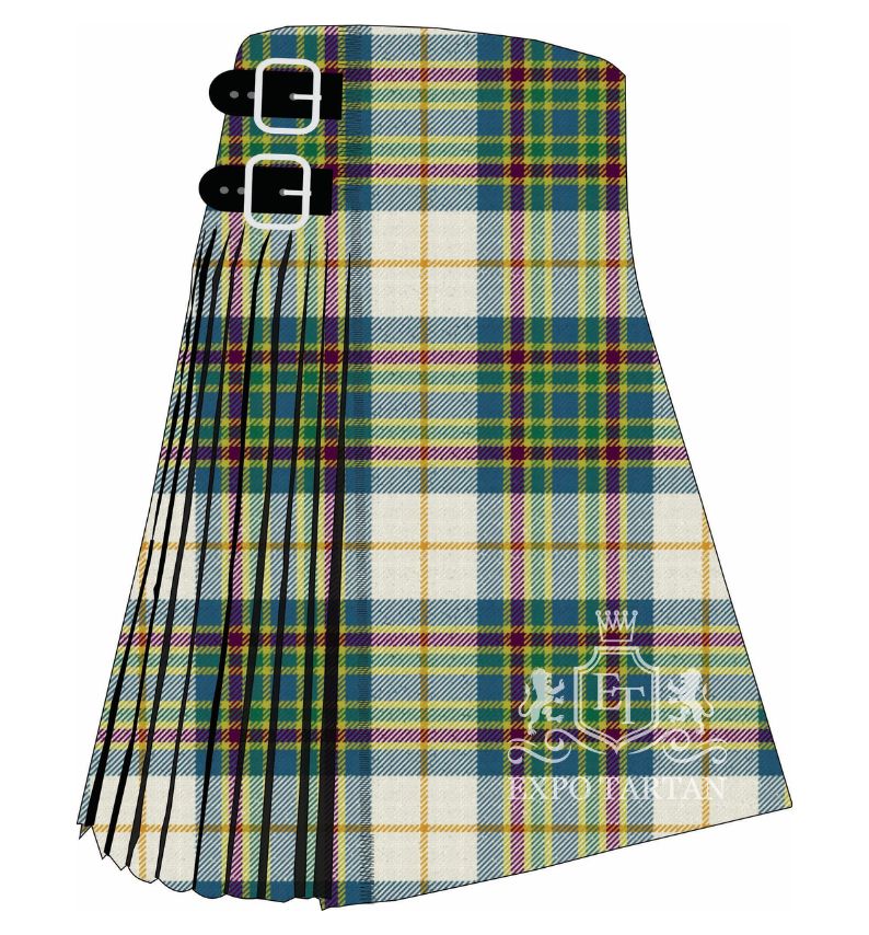 Men's Edmonton Ancient Tartan Kilt showing traditional knife pleats and black leather side straps in a light cream, teal-blue, and forest green sett, intricately intersected by purple, crimson red, and golden-yellow overcheck