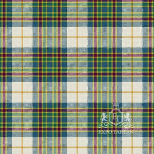 Men's Edmonton Ancient Swatch showing a light cream, teal-blue, and forest green sett, intricately intersected by purple, crimson red, and golden-yellow overcheck