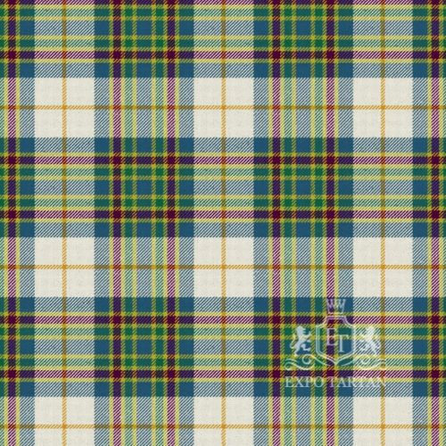Men's Edmonton Ancient Swatch showing a light cream, teal-blue, and forest green sett, intricately intersected by purple, crimson red, and golden-yellow overcheck