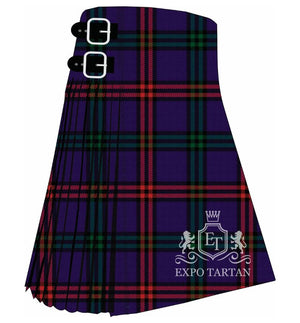 Men's Eglinton District Ancient Tartan Kilt showing traditional knife pleats and black leather side straps in a deep royal purple and dark green sett, intricately intersected by vibrant crimson red and black overcheck