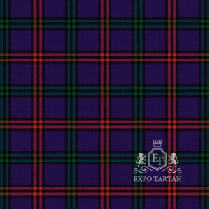 Men's Eglinton District Ancient Swatch showing a deep royal purple and dark green sett, intricately intersected by vibrant crimson red and black overcheck