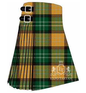 Men's Eire Ancient Tartan Kilt showing traditional knife pleats and black leather side straps in a rich emerald green and warm golden-ochre sett, intricately intersected by deep black, crisp white, and subtle crimson red overcheck