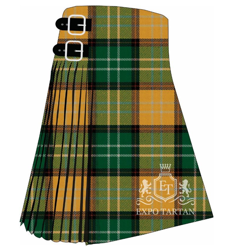 Men's Eire Ancient Tartan Kilt showing traditional knife pleats and black leather side straps in a rich emerald green and warm golden-ochre sett, intricately intersected by deep black, crisp white, and subtle crimson red overcheck