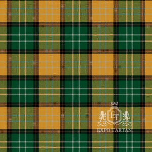 Men's Eire Ancient Swatch showing a rich emerald green and warm golden-ochre sett, intricately intersected by deep black, crisp white, and subtle crimson red overcheck