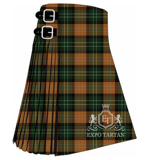 Men's Eire Tartan Kilt showing traditional knife pleats and black leather side straps in a deep forest green and warm amber-brown sett, intricately intersected by rich black, crisp white, and subtle red overcheck