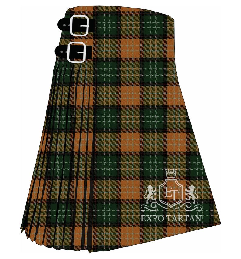 Men's Eire Tartan Kilt showing traditional knife pleats and black leather side straps in a deep forest green and warm amber-brown sett, intricately intersected by rich black, crisp white, and subtle red overcheck