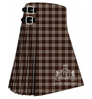 Men's Elgin Tartan Kilt showing traditional knife pleats and black leather side straps in a deep espresso brown, rich black, and warm taupe-grey sett, intricately intersected by crisp beige-tan and subtle rust-brown overcheck