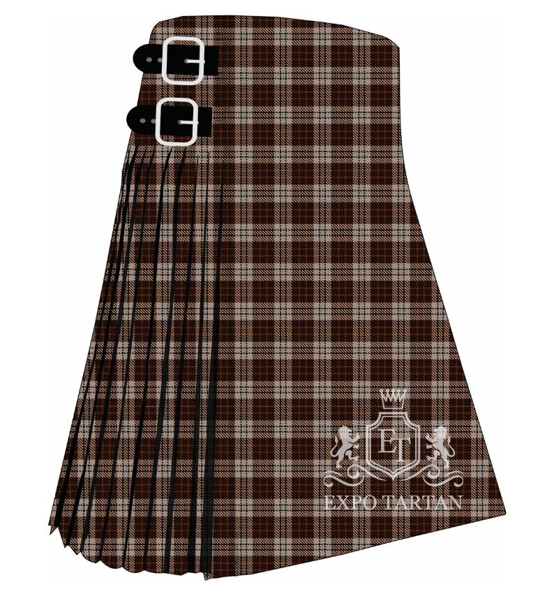 Men's Elgin Tartan Kilt showing traditional knife pleats and black leather side straps in a deep espresso brown, rich black, and warm taupe-grey sett, intricately intersected by crisp beige-tan and subtle rust-brown overcheck