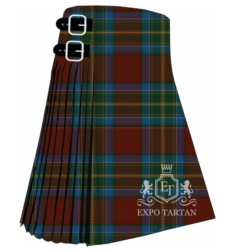 Men's Ellis Island Tartan Kilt showing traditional knife pleats and black leather side straps in a rich rust-brown, deep forest green, and vibrant royal blue sett, intricately intersected by muted purple, crisp white, and golden-yellow overcheck