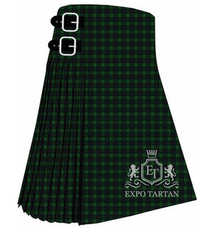 Men's Elphinstone Tartan Kilt showing traditional knife pleats and black leather side straps in a deep forest green and rich black sett, intricately intersected by dark charcoal and subtle pine green overcheck