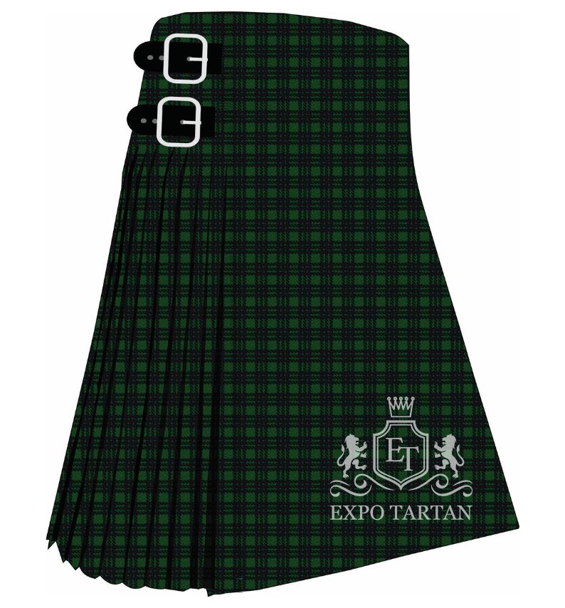 Men's Elphinstone Tartan Kilt showing traditional knife pleats and black leather side straps in a deep forest green and rich black sett, intricately intersected by dark charcoal and subtle pine green overcheck