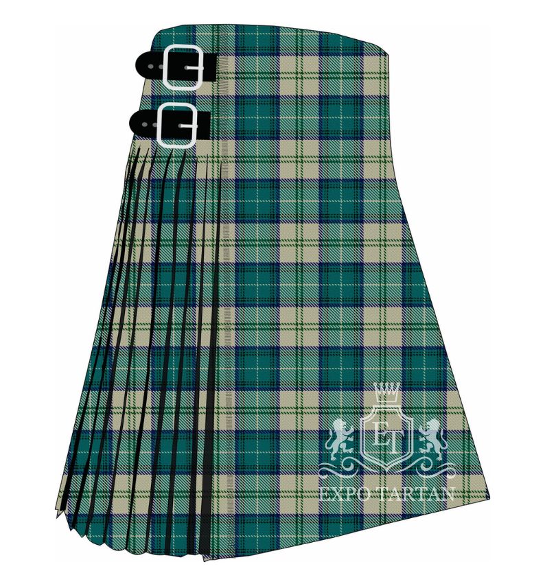 Men's Elsa Tartan Kilt showing traditional knife pleats and black leather side straps in a rich teal-green, warm stone-beige, and deep navy blue sett, intricately intersected by crisp white and forest green overcheck