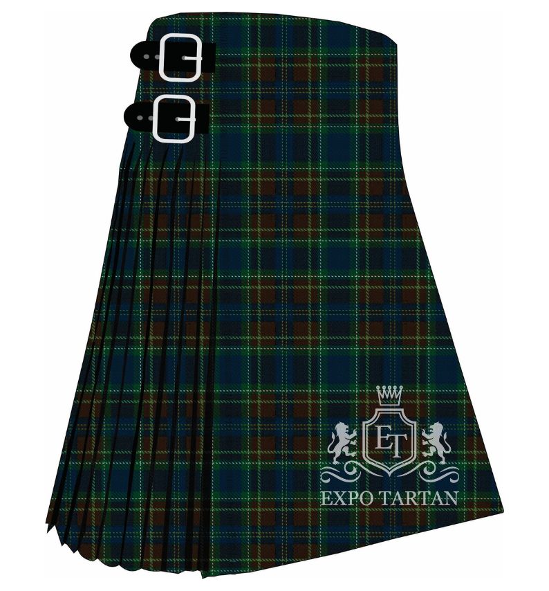 Men's Emerald Coast Tribute Tartan Kilt showing traditional knife pleats and black leather side straps in a deep forest green, dark navy blue, and rich espresso brown sett, intricately intersected by bright emerald green and fine royal blue overcheck