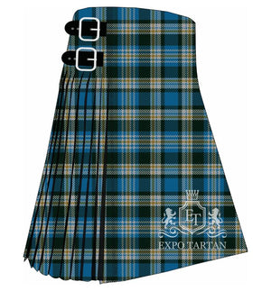 Men's Entrelacs Tartan Kilt showing traditional knife pleats and black leather side straps in a vibrant teal-blue and deep forest green sett, intricately intersected by crisp white and warm golden-yellow overcheck