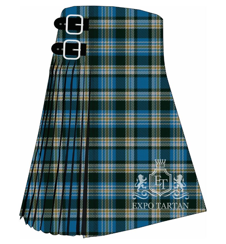 Men's Entrelacs Tartan Kilt showing traditional knife pleats and black leather side straps in a vibrant teal-blue and deep forest green sett, intricately intersected by crisp white and warm golden-yellow overcheck