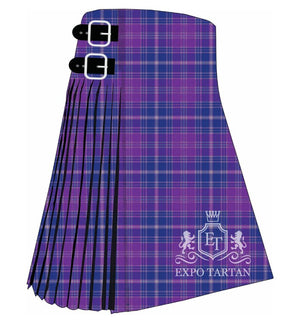 Men's Epilepsy Tartan Kilt showing traditional knife pleats and black leather side straps in a vibrant royal purple and rich cobalt blue sett, intricately intersected by soft lavender, magenta-pink, and crisp white overcheck
