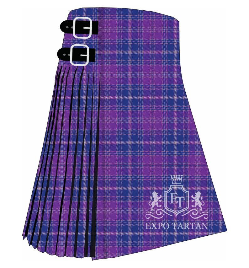 Men's Epilepsy Tartan Kilt showing traditional knife pleats and black leather side straps in a vibrant royal purple and rich cobalt blue sett, intricately intersected by soft lavender, magenta-pink, and crisp white overcheck