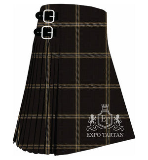 Men's Eternity Tartan Kilt showing traditional knife pleats and black leather side straps in a deep espresso-black sett, intricately intersected by warm golden-tan and subtle slate-grey overcheck