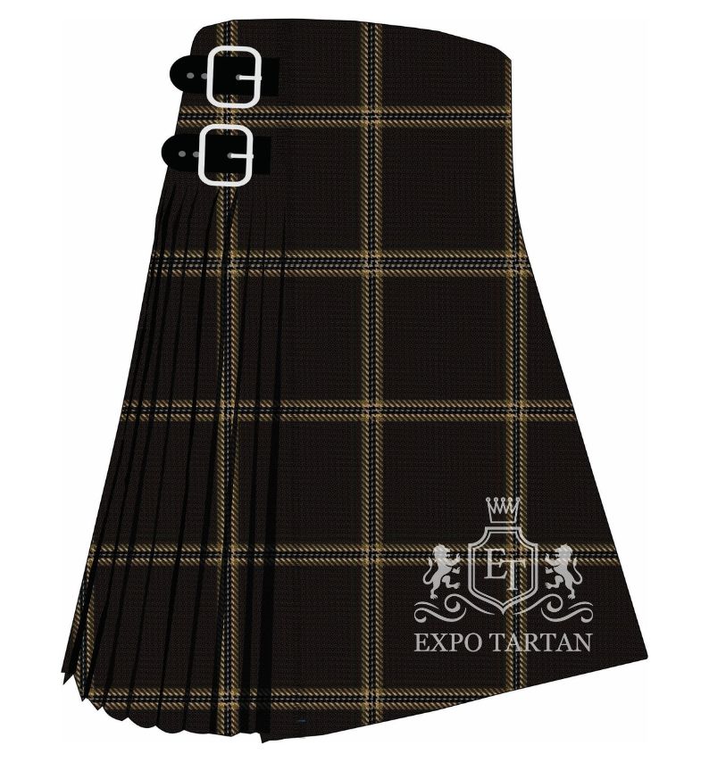 Men's Eternity Tartan Kilt showing traditional knife pleats and black leather side straps in a deep espresso-black sett, intricately intersected by warm golden-tan and subtle slate-grey overcheck