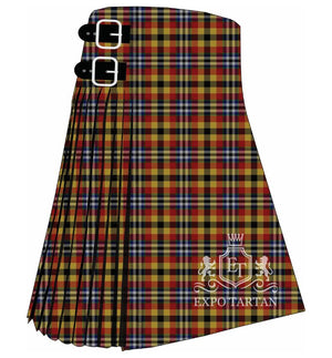 Men's Eusa Tartan Kilt showing traditional knife pleats and black leather side straps in a rich crimson red, warm golden-ochre, and deep black sett, intricately intersected by royal blue and crisp white overcheck